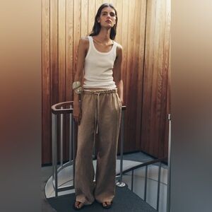 Zara linen wide leg drawstring trouser pants khaki canvas white waist pockets